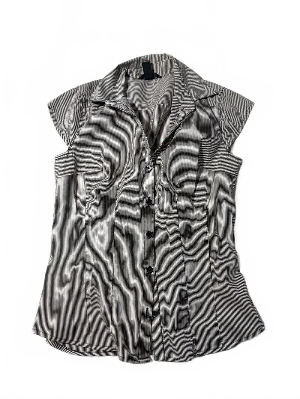 H&M Y2K Office Siren Brown Stripped Fitted Short Sleeve Button Up Size 4